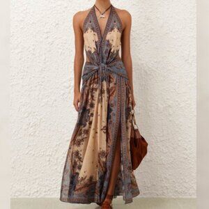 Zimmerman Blue Cream Floral Ascension Plunge Halter Maxi